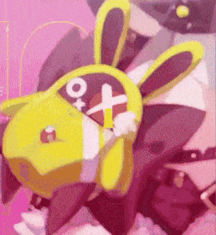 a drawing of a yellow bunny with a cross on its face