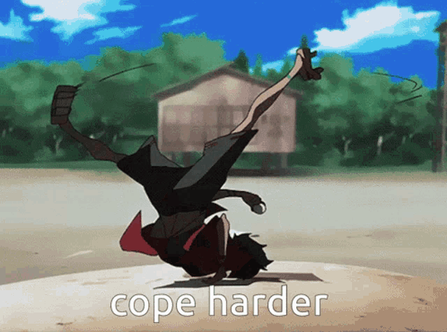 a cartoon of a person doing a handstand with the words cope harder below them