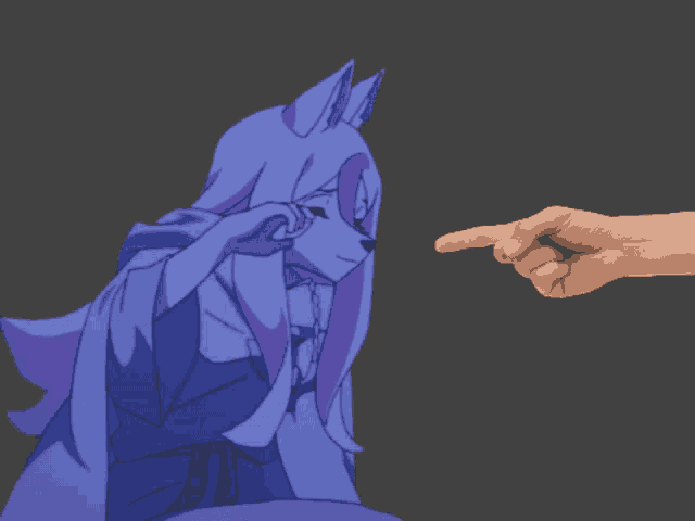 a hand is pointing at a cartoon character