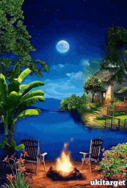 a painting of a fire pit in front of a house with the word ukitarget on the bottom