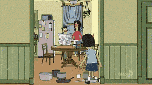 a cartoon shows a family in a messy kitchen with a global logo on the door
