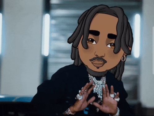 a cartoon drawing of a man with dreadlocks and rings on his fingers
