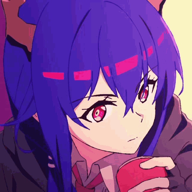 a blue haired anime girl with red eyes is holding an apple