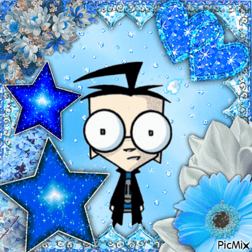 a picture of a cartoon character surrounded by blue stars and flowers with picmix written on the bottom