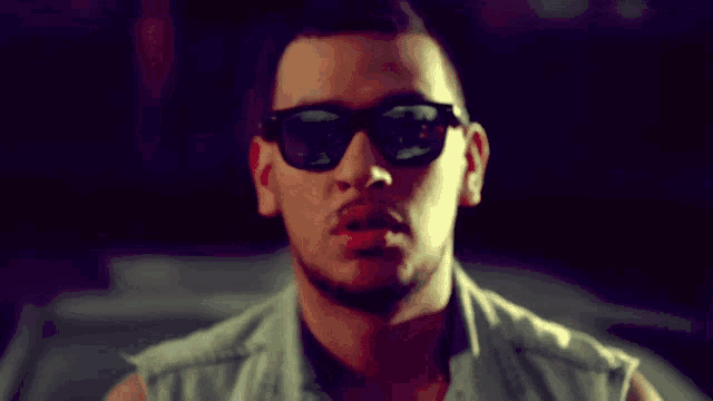 a close up of a man wearing sunglasses and a denim vest
