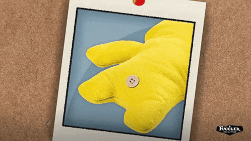 a picture of a yellow stuffed animal with a button on it is pinned to a piece of cardboard