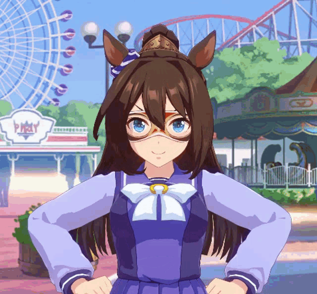 a girl in a blue dress is standing in front of a ferris wheel that says party