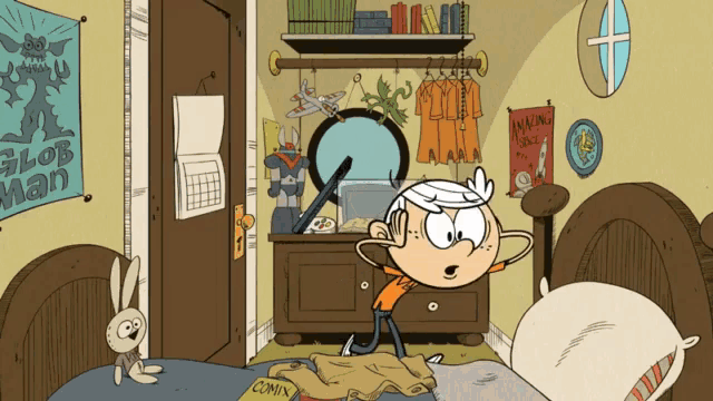 a cartoon drawing of a room with a poster that says glob man on it