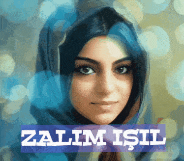 a woman wearing a blue scarf with the name zalim isil