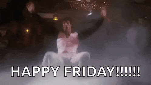 a woman is sitting on the floor in a foggy room with the words `` happy friday ! ''