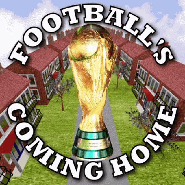 a football 's coming home logo with a trophy in the center