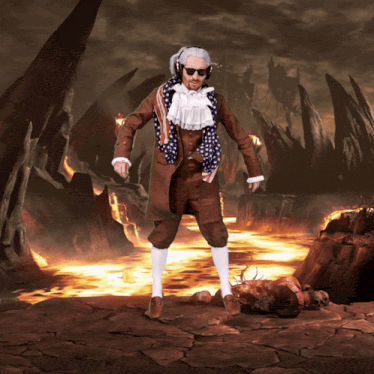 a man in a suit with an american flag scarf around his neck stands in front of a volcano