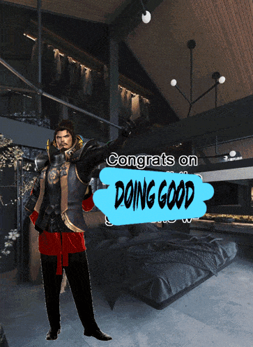 a man in a knight 's armor is standing in a bedroom with a congratulations on doing good sign