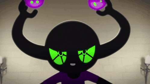 a cartoon character with green eyes is holding two purple balls in his hands