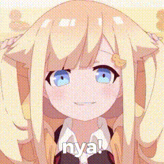 a close up of a anime girl with long blonde hair and blue eyes saying `` nya '' .
