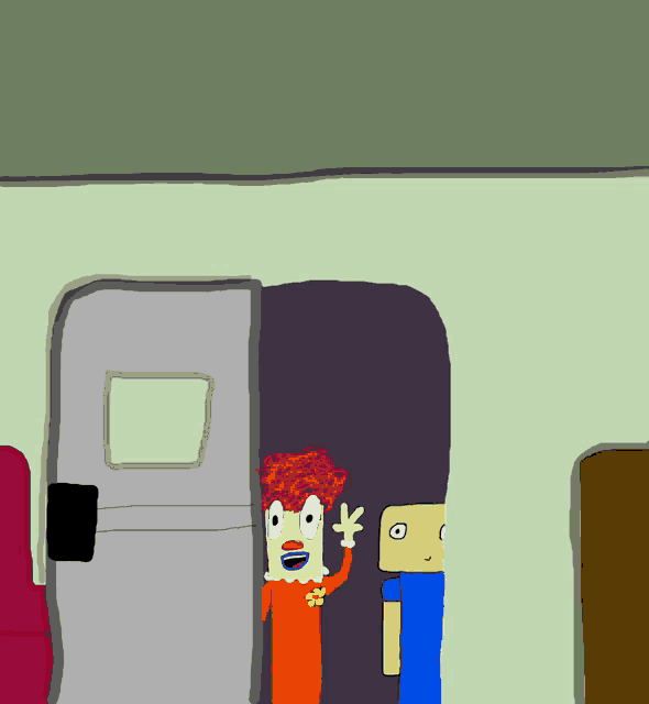 a cartoon drawing of a clown and a man