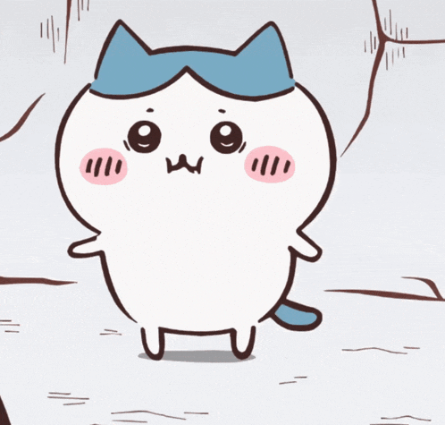 a cartoon drawing of a cat with a blue ear giving the middle finger