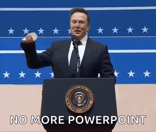 a man in a suit and tie is giving a speech at a podium with the words " no more powerpoint " above him