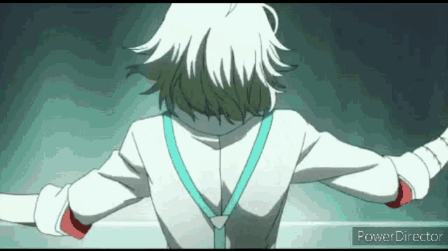a person with white hair and blue suspenders is dancing