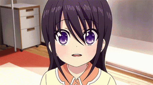 a little girl with purple hair and purple eyes is standing in a room .