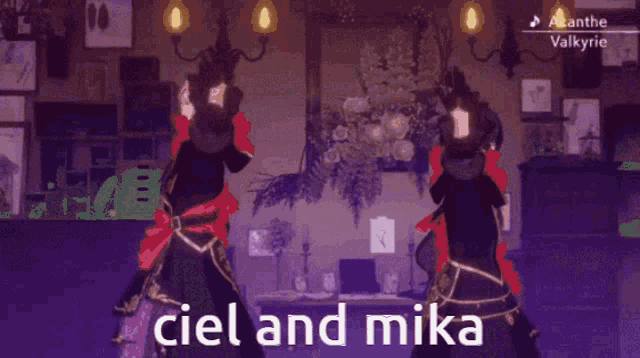 a couple of anime characters are dancing on a stage with the words ciel and mika below them .