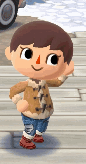a cartoon character wearing a brown jacket and jeans