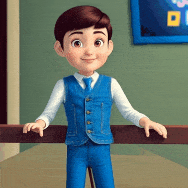 a cartoon boy wearing a blue vest and tie is leaning on a railing