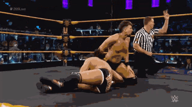 a pixelated image of a wrestling match with # 205live written on the bottom