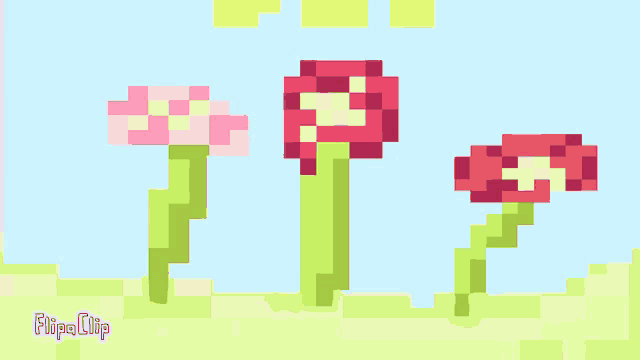 a pixel art of three flowers with flipa clip written on the bottom left