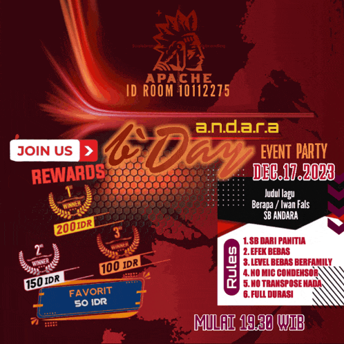 a poster for apache a.n.dara event party on december 17th