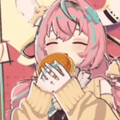 a pink haired anime girl is eating a hamburger with her eyes closed .