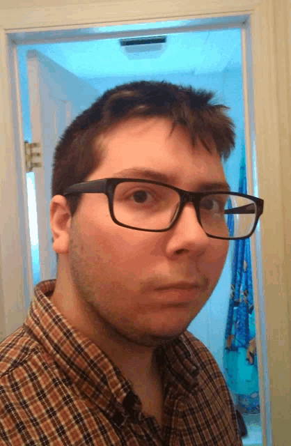 a man wearing glasses and a plaid shirt takes a picture of himself