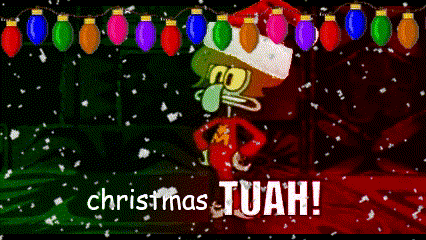 squidward from spongebob squarepants is wearing a santa hat with christmas lights hanging from it