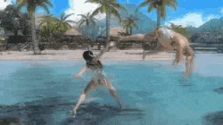 a woman in a bikini is jumping into a swimming pool in a video game .