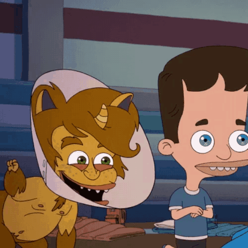 a cartoon character wearing a cone around his head