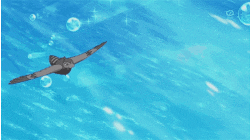 a cartoon bird is flying over a body of water