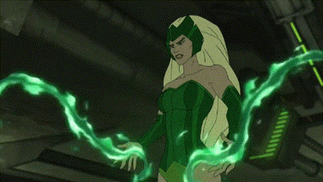 a cartoon character is holding a green sword in her hands .