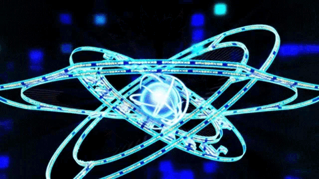 a computer generated image of an atom with a blue light coming out of the center