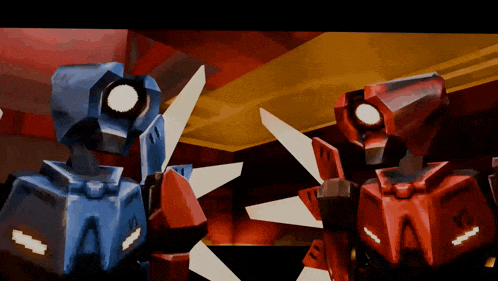a blue robot and a red robot are standing next to each other in a dark room