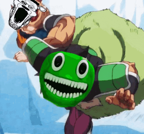 a cartoon character is holding a green mask with a smiley face on it 's head .