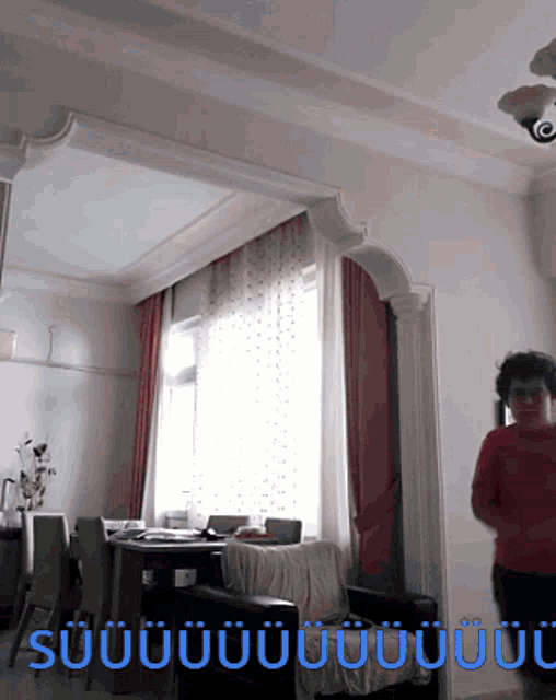 a woman in a red sweater is standing in a living room with the words suuuuuuu written on the bottom