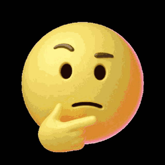 a yellow smiley face with black eyebrows is thinking