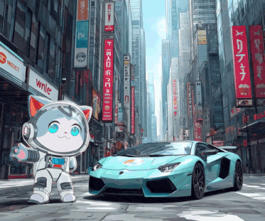 a cartoon of a cat standing next to a car with a sign that says wle