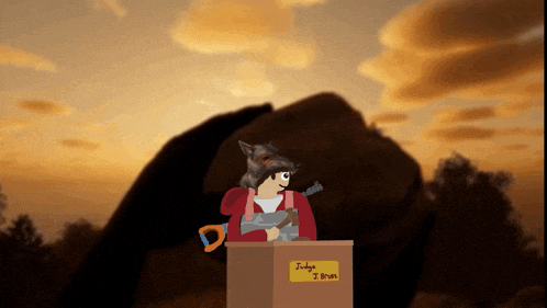 a cartoon drawing of a man behind a box that says judge i bruce
