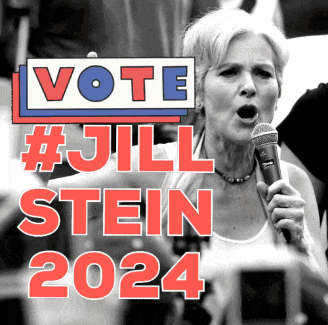 a woman speaking into a microphone with the words vote # jill stein 2024 behind her