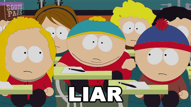 a group of south park characters sitting at desks with the word liar written in the corner