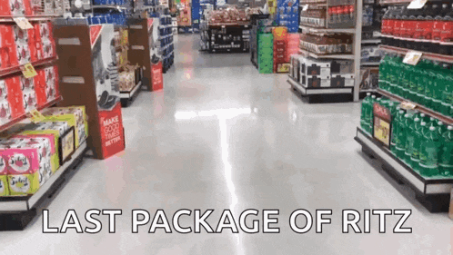 a grocery store with the words last package of ritz written on the floor