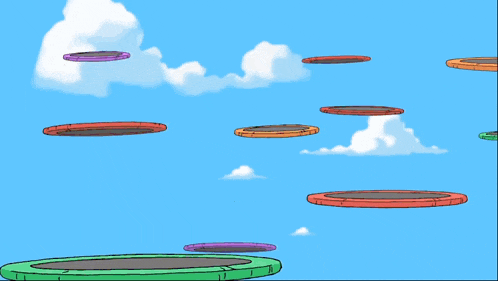 a girl in a pink dress is jumping over a trampoline