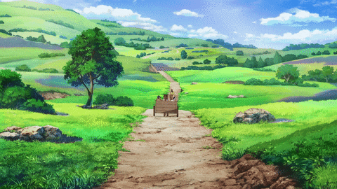 a painting of a path through a grassy field