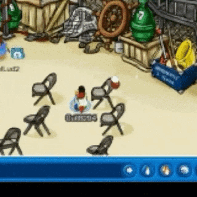 a screenshot of a video game with the number 7 on the green bottle behind the chairs